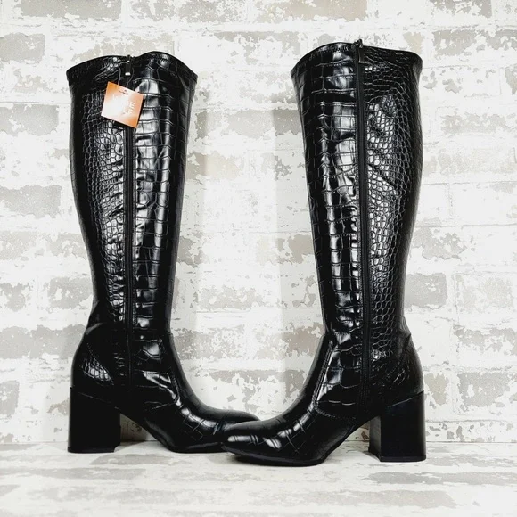 NEW Franco Sarto Talfer Knee High Faux Leather Black Croc Boots T541 - Picture 5 of 12